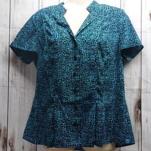 Ladies Small Turquoise & Black Print Short Sleeve Button Up Career‎ Top